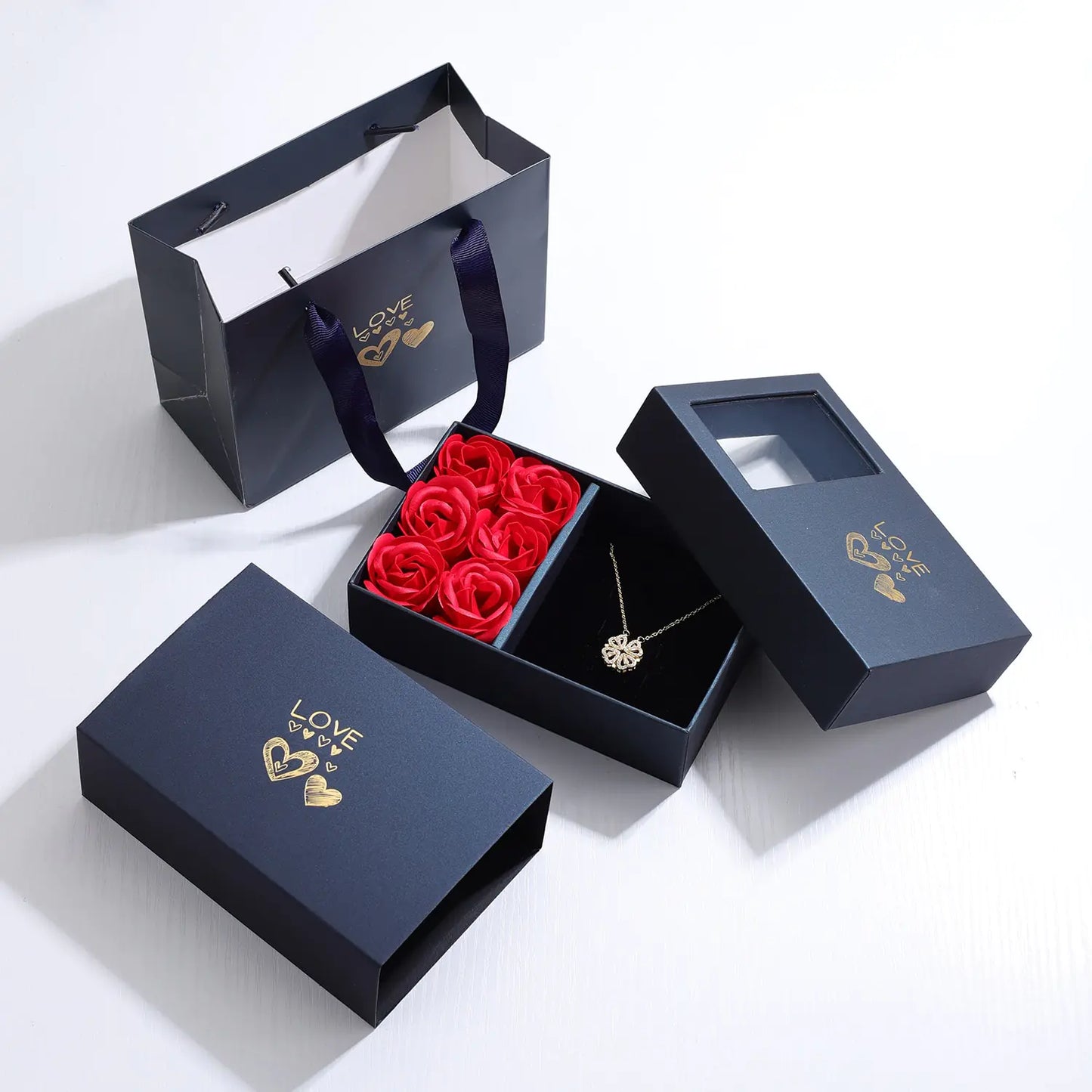 LuxeValora | Rose Gift Box with Four Leaf Clover Magnetic